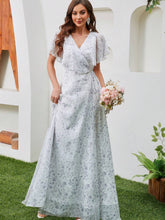 Women's V-Neck Short Sleeve Floral Print Chiffon Dress With Cinching Waist, Perfect For Prom, Evening Party, Bridesmaid